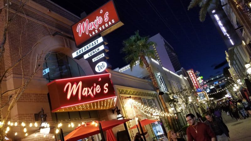 Maxie's Las Vegas restaurant exterior at night.