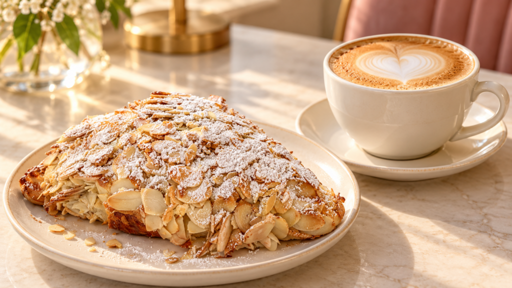 almond croissant and cappuccino
