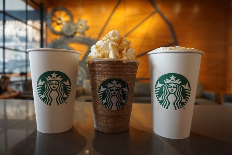 Three Starbucks drinks.