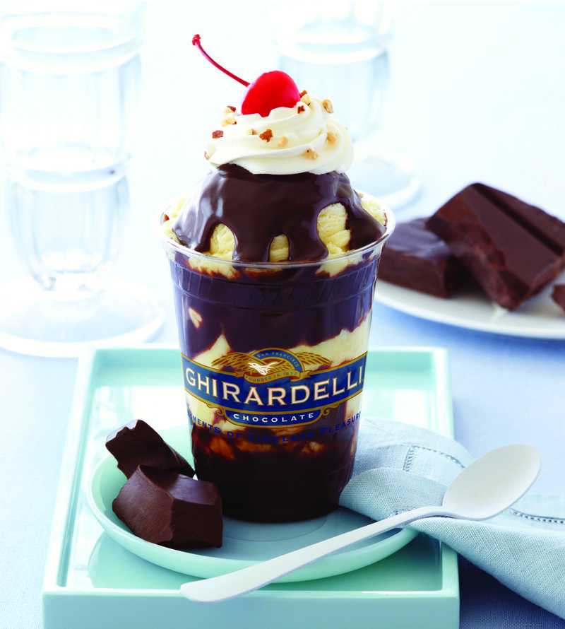 Ghirardelli chocolate sundae with whipped cream and cherry.