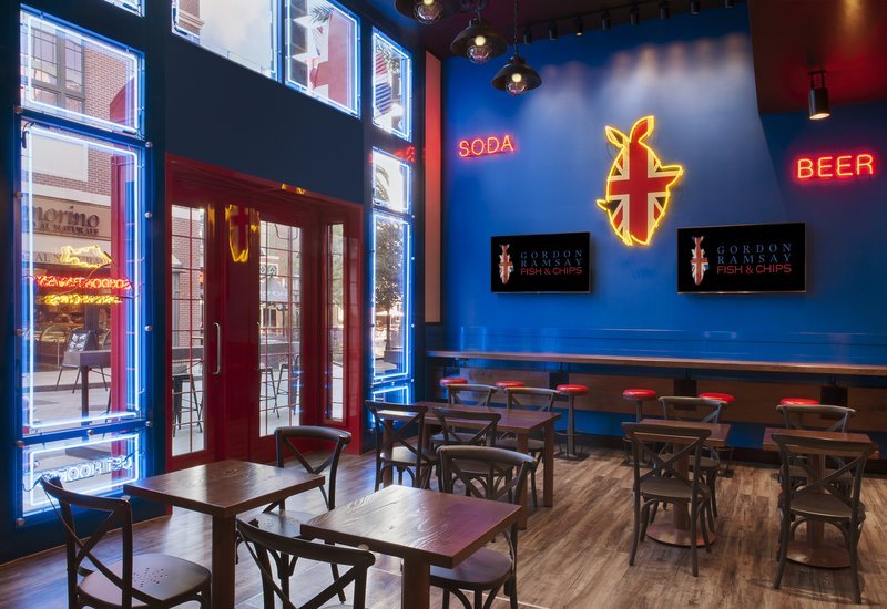 Interior of British-themed restaurant with blue walls and red accents.